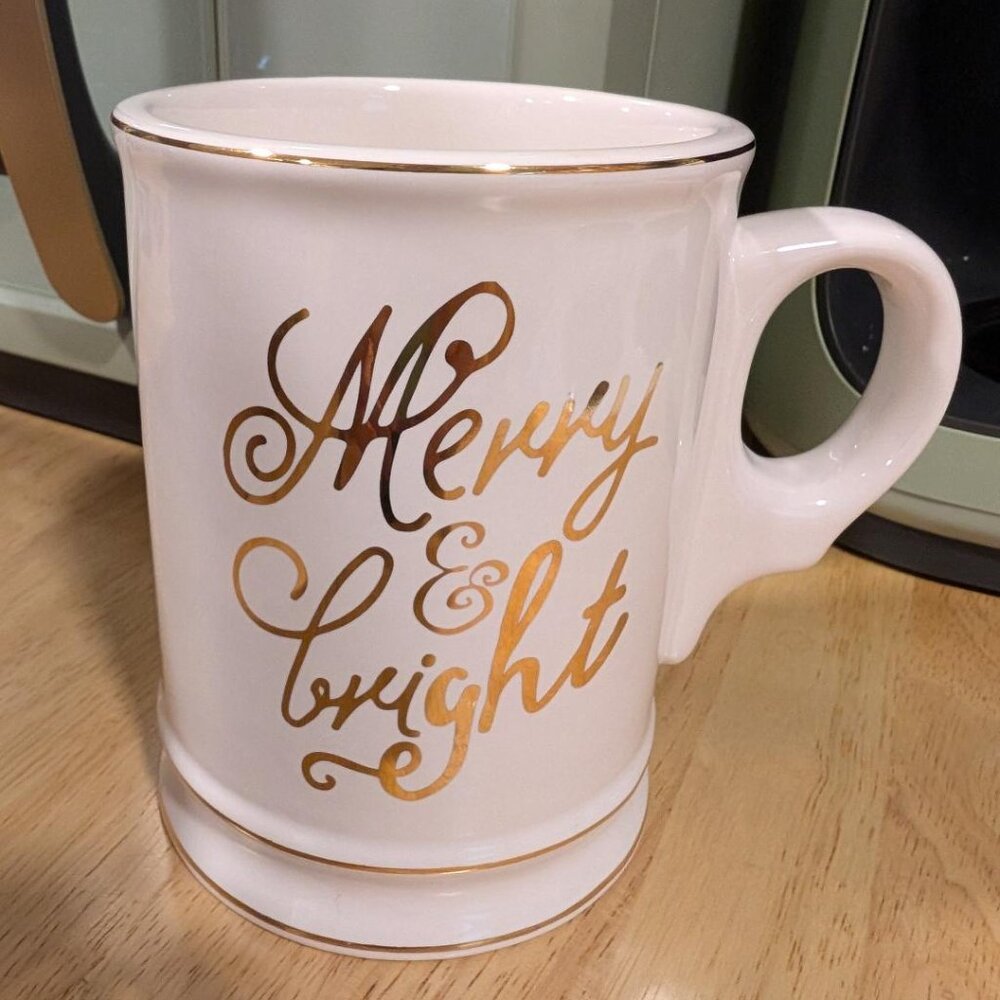Merry & Bright Mug Mudpie White & Shiny Gold Large Coffee Cup Christmas Holidays
